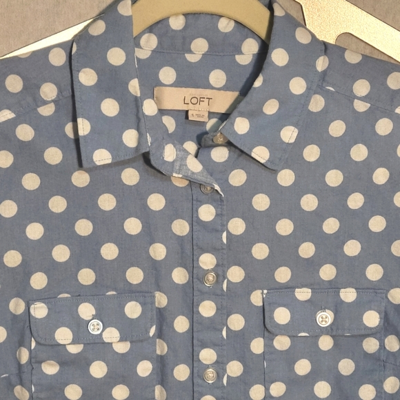 NWOT LOFT Blue & White Dot Cotton Button Up Shirt - Picture 2 of 10